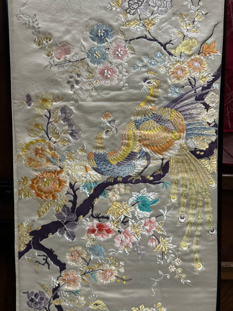 Antique Japanese Silk Obi Sash Embroidered Phoenix and Flowers 13′L