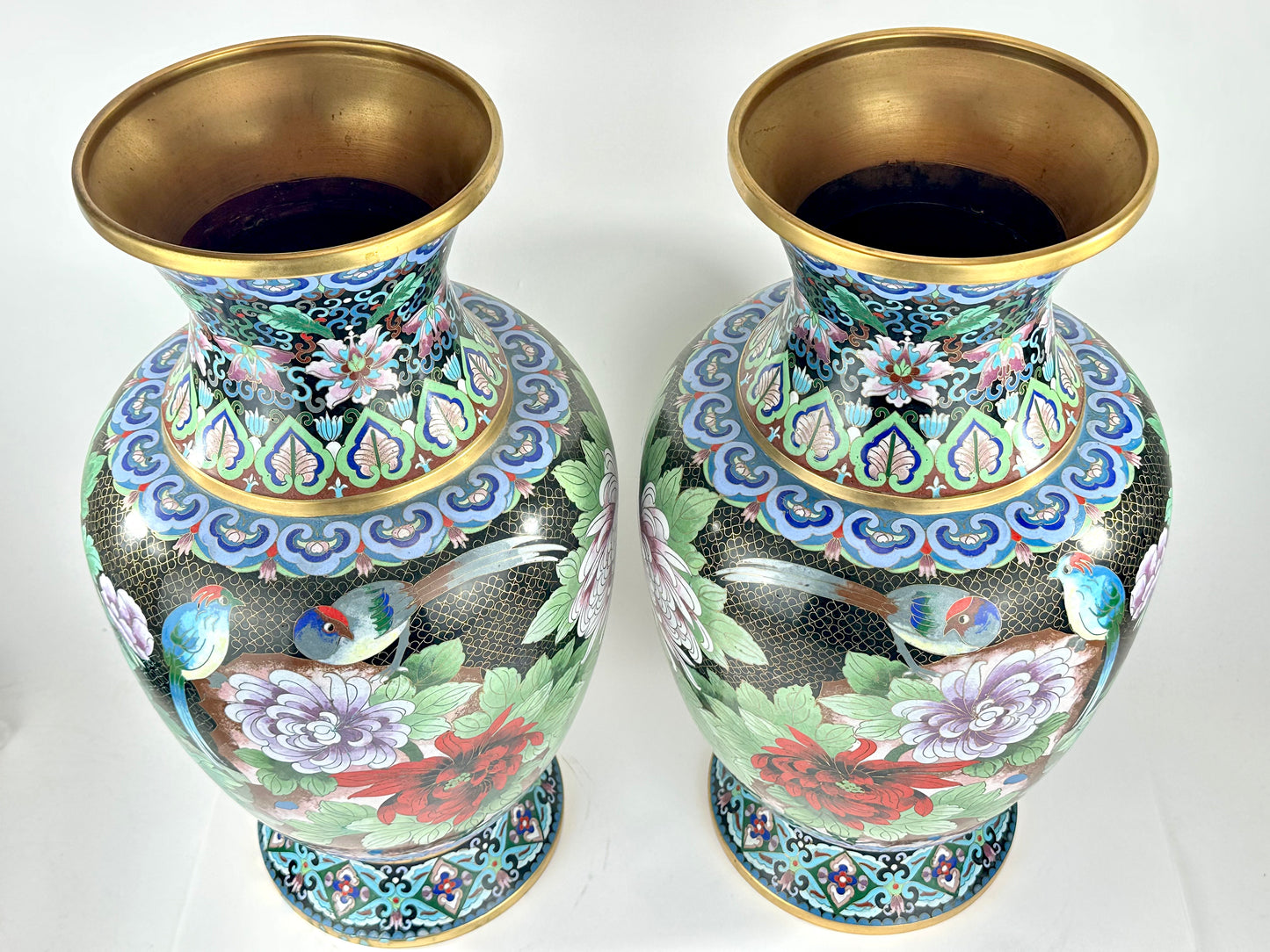 Vintage Chinese Cloisonne Vase Pair Black Ground Peony Pheasant Polychrome 20"H
