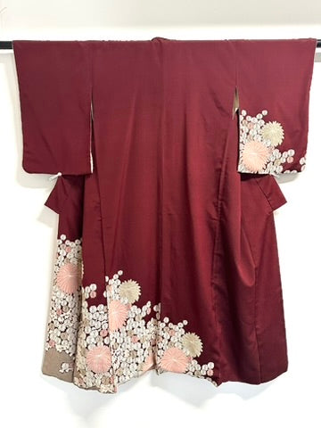 Vintage Japanese Silk Brocade Kimono Woven Kiku Chrysanthemum Burgundy Showa