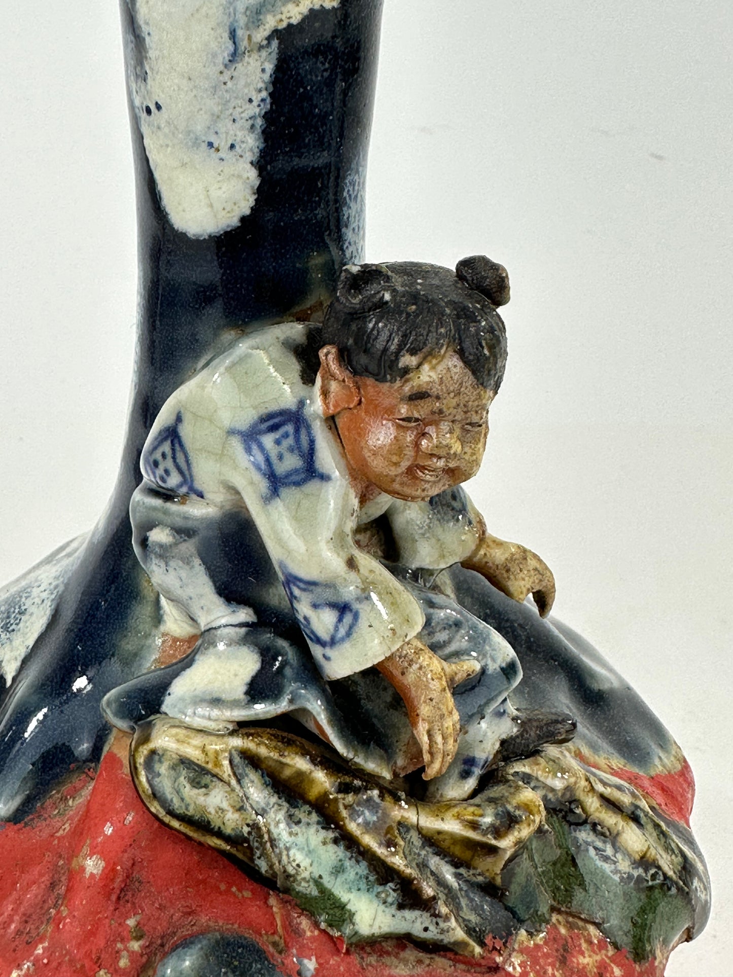 Japanese Meiji Era Sumida Gawa Pottery Bulbous Ceramic Vase Figure LS#086