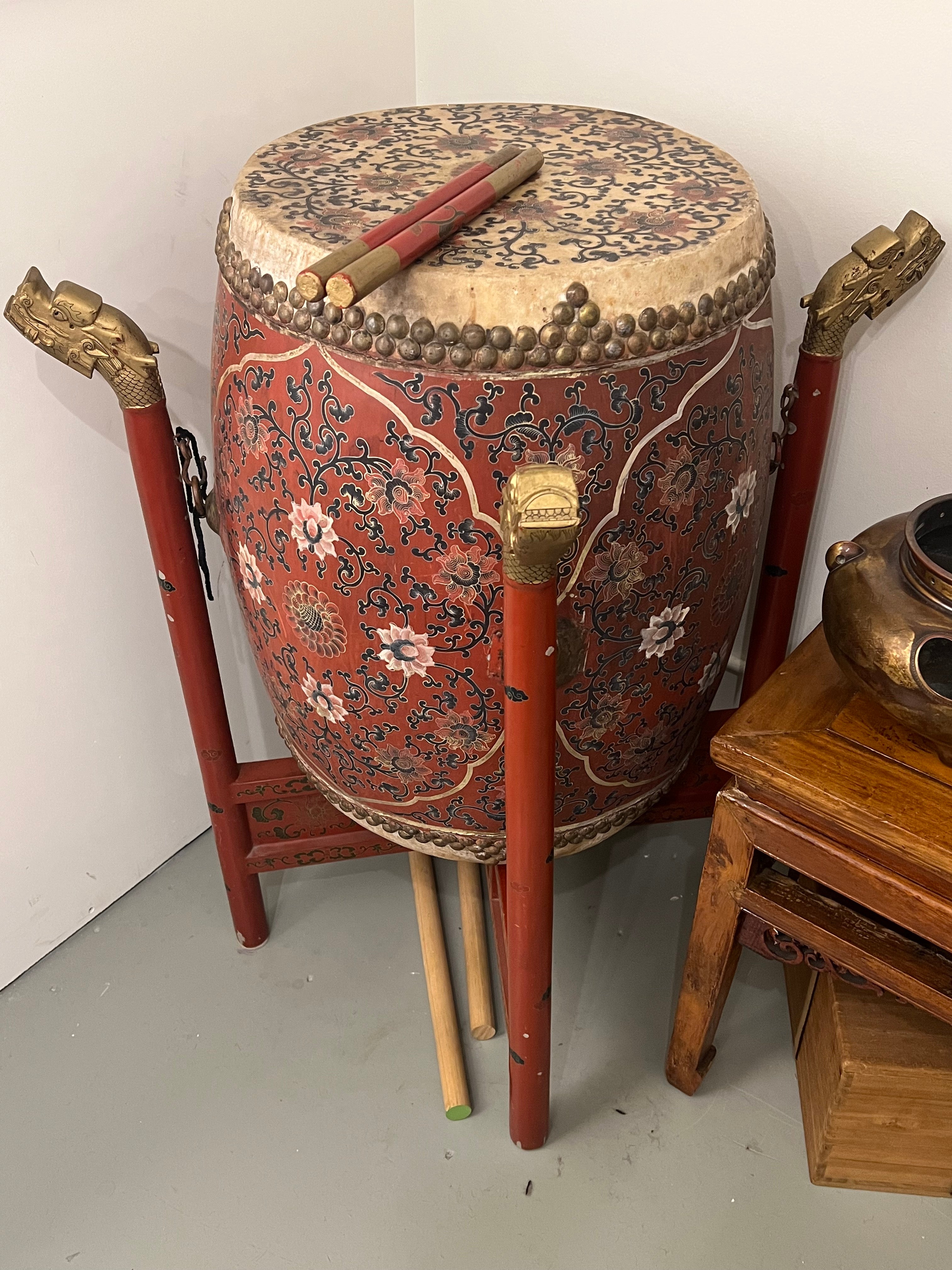 Vintage Taiko Drum in Chinese Motifs w/ Stand Sticks Accessories 26