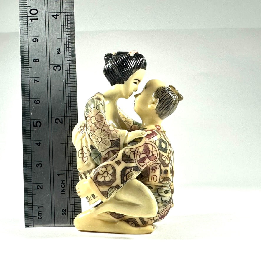 Vintage Japanese Shunga Erotic Figurine Couple Faux-Ivery Resin Hand Painted Showa c