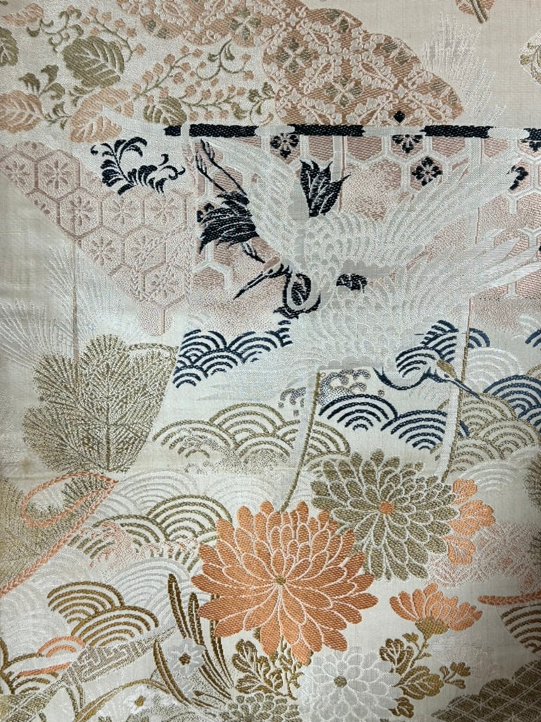 Antique Japanese Silk Tsuzure Fukuro Obi Crane Chrysanthemum Wave 13'L