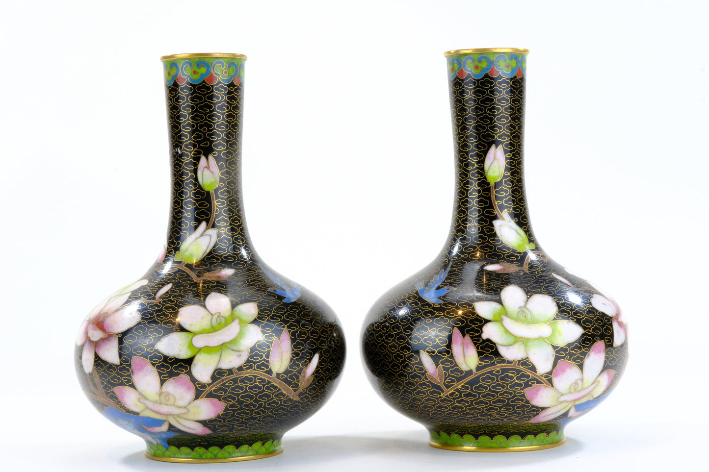 Pair of Antique Japanese Cloisonné Miniature Vases with Floral Decoration Meiji Period