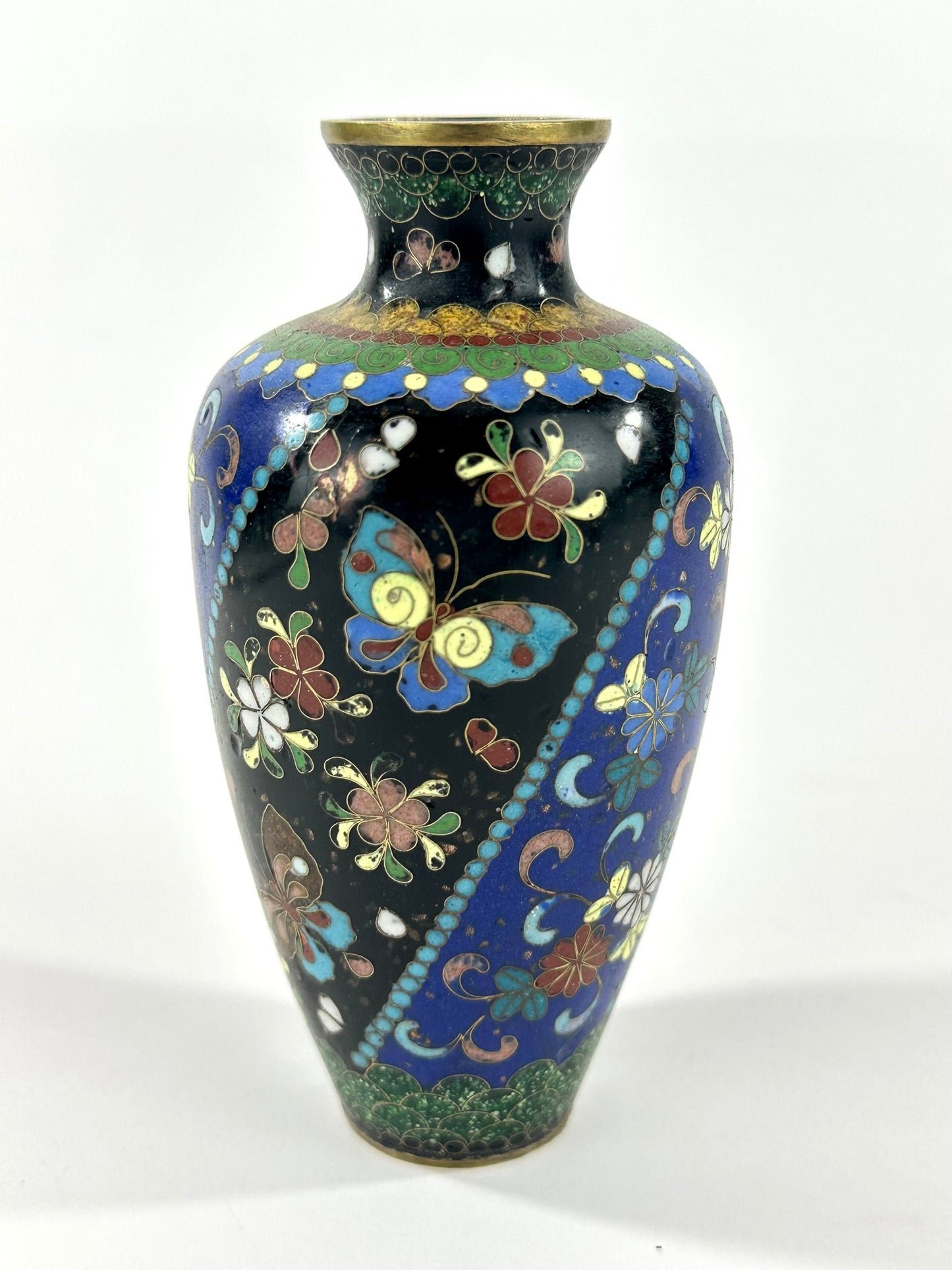 Japanese Meiji Cloisonne Shippo Baluster Vase Cobalt Black Butterfly Floral 5"H