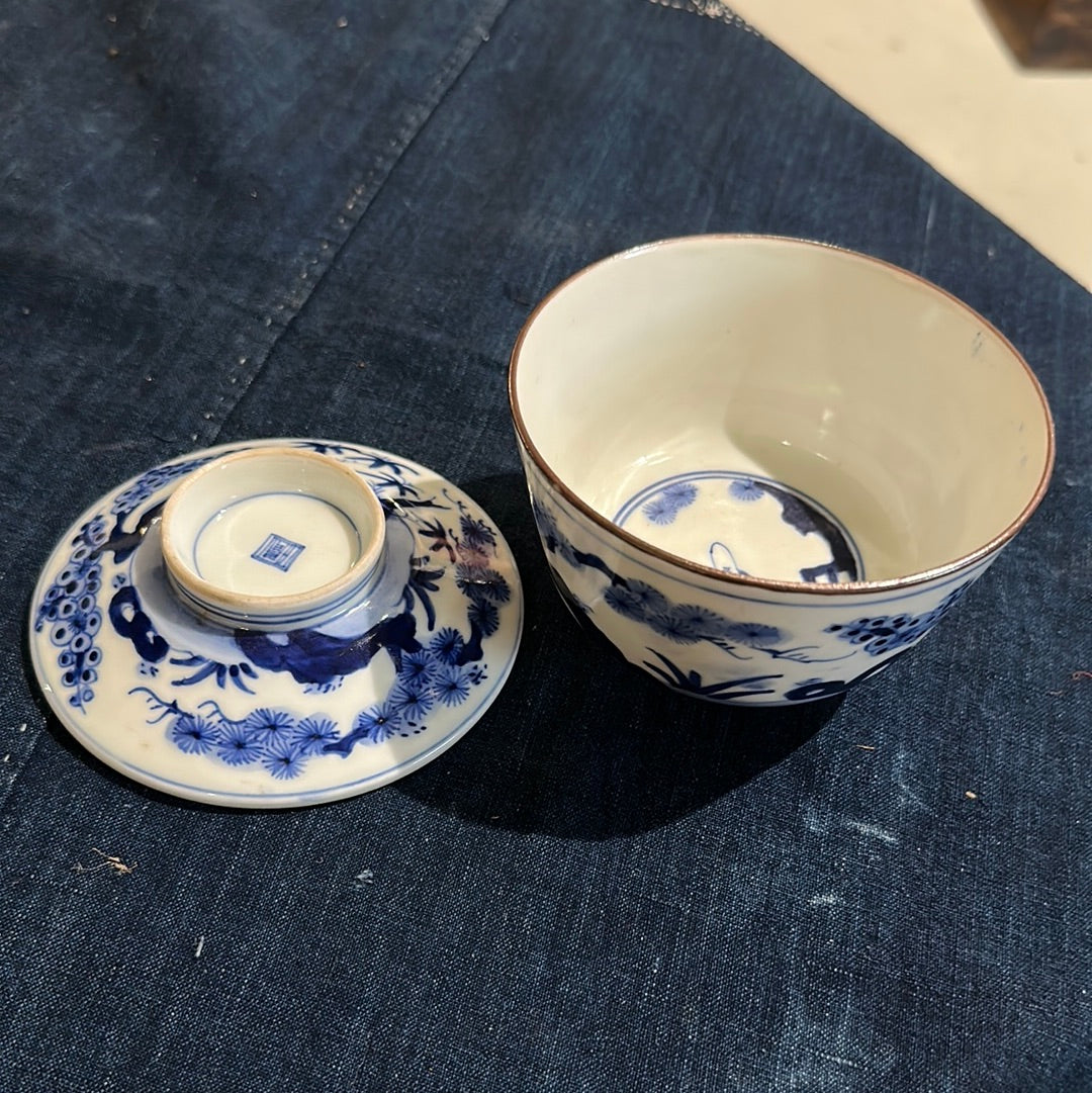 Antique Japanese c 1900 Ceramic Blue & White Lidded Bowl 4.5"