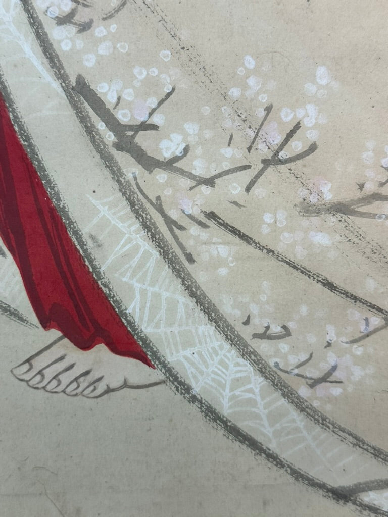 Antique Japanese Kakejiku Bijin-ga Beauty Spider Web Kimono Meiji Taisho Scroll 72"L