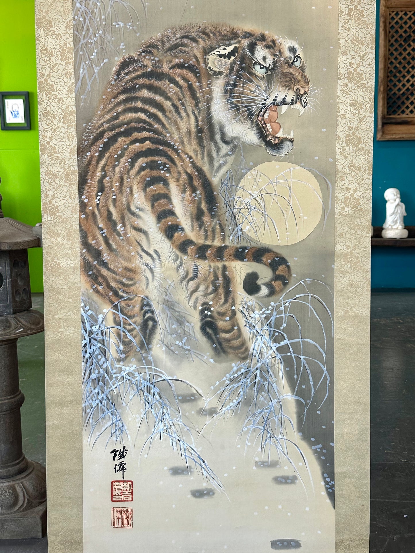 Antique Japanese Kakejiku Hanging Scroll Hand Painted Tiger Snow Moon Taisho Showa 78"L