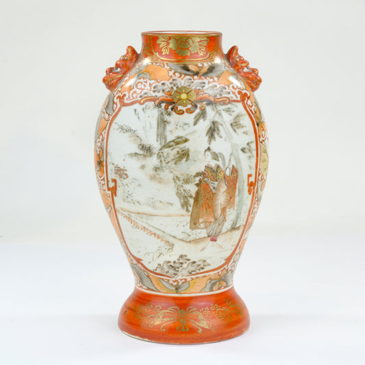 Antique Japanese Kutani Vase Dai Nippon Dragon Handles Bijin Figures Peony Butterfly Meiji 9H