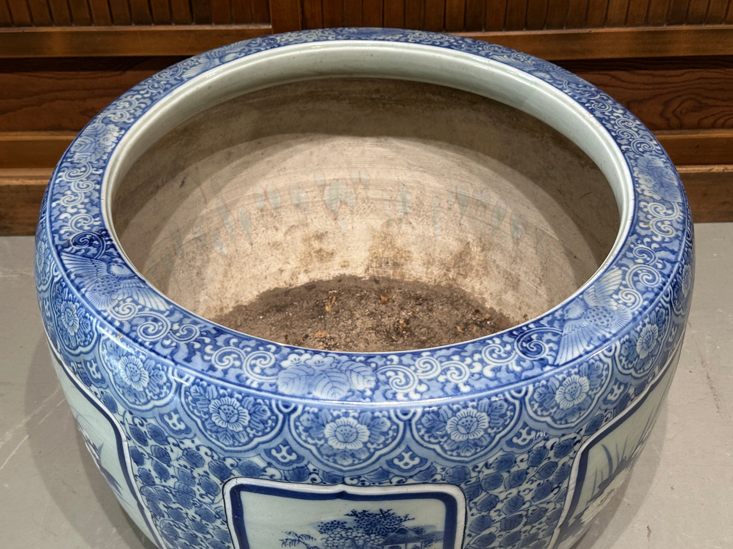 Antique Japanese Meiji Era Ceramic Blue & White Hibachi Brazier Floral Motif 24”