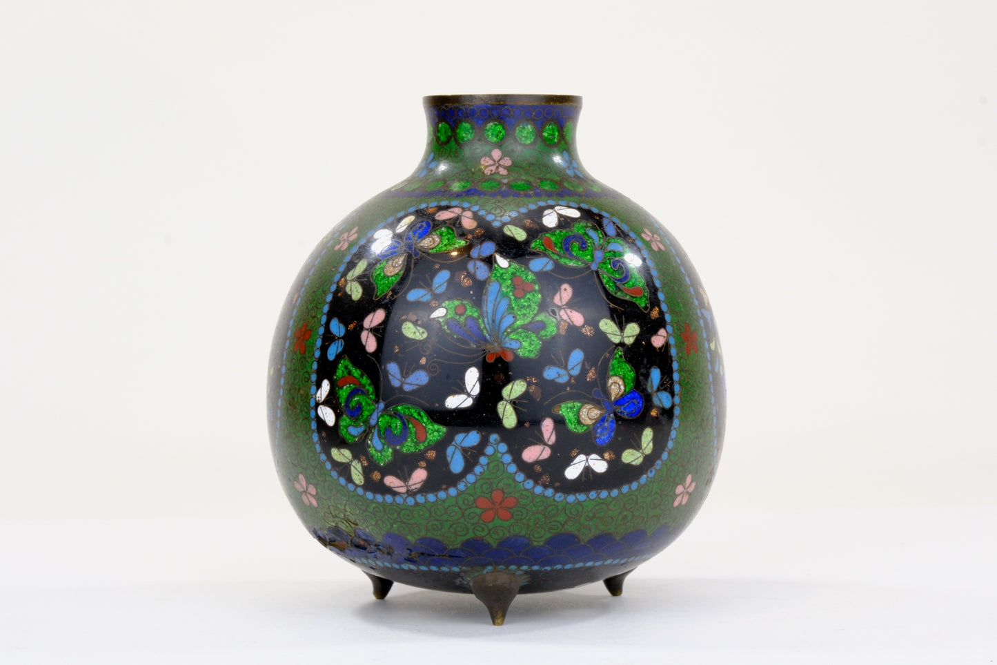 Chinese Cloisonne Enamel Jar Black Ground Polychrome Floral Fret Pattern Turquoise