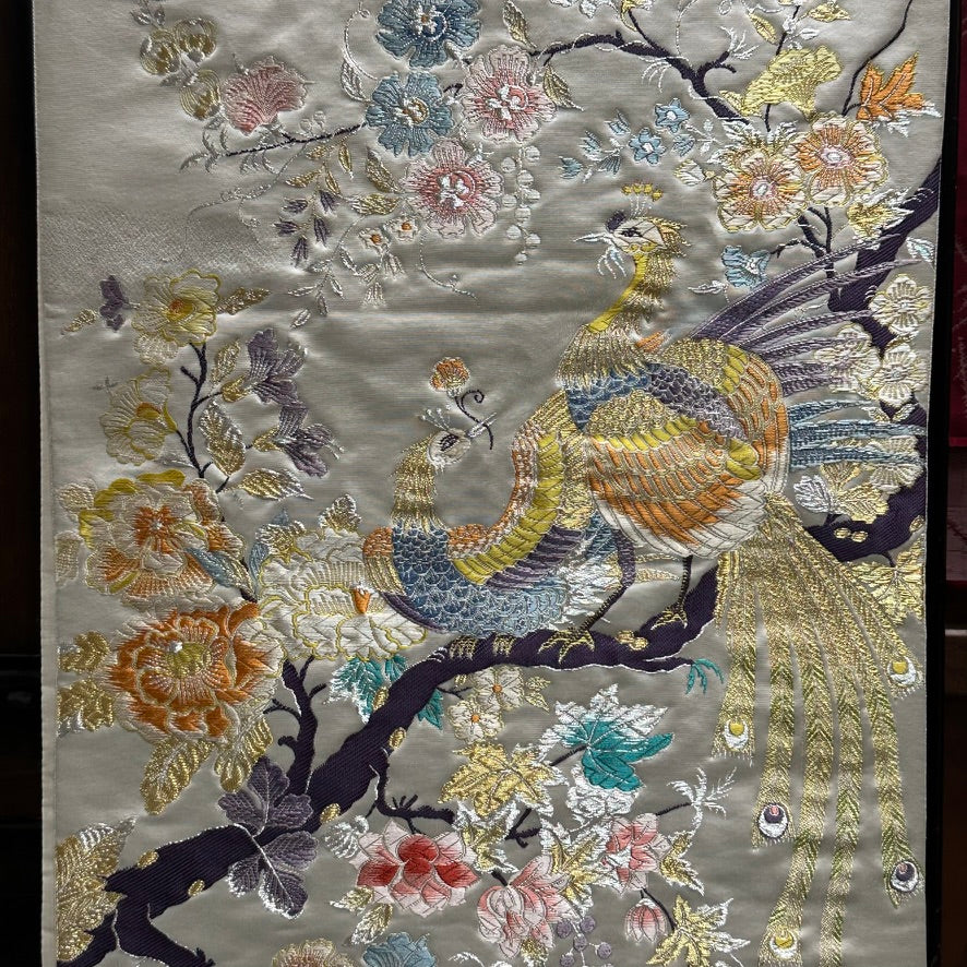 Antique Japanese Silk Obi Sash Embroidered Phoenix and Flowers 13′L