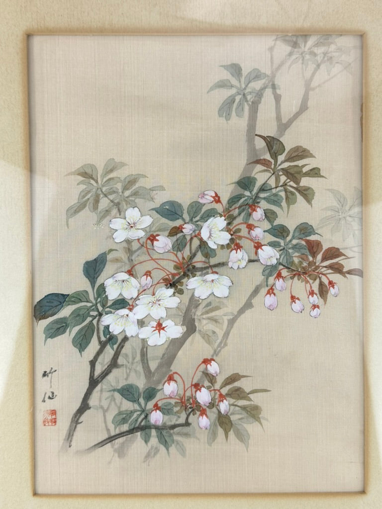 Antique Japanese Kacho-ga Silk Painting Sakura Cherry Blossoms Framed 18"H