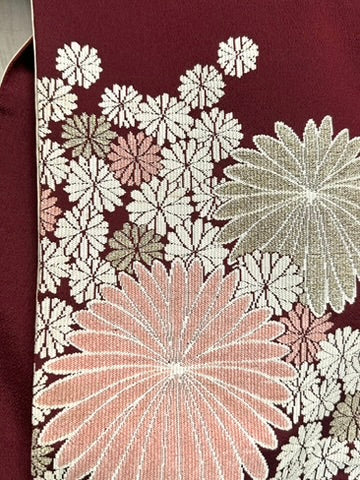 Vintage Japanese Silk Brocade Kimono Woven Kiku Chrysanthemum Burgundy Showa