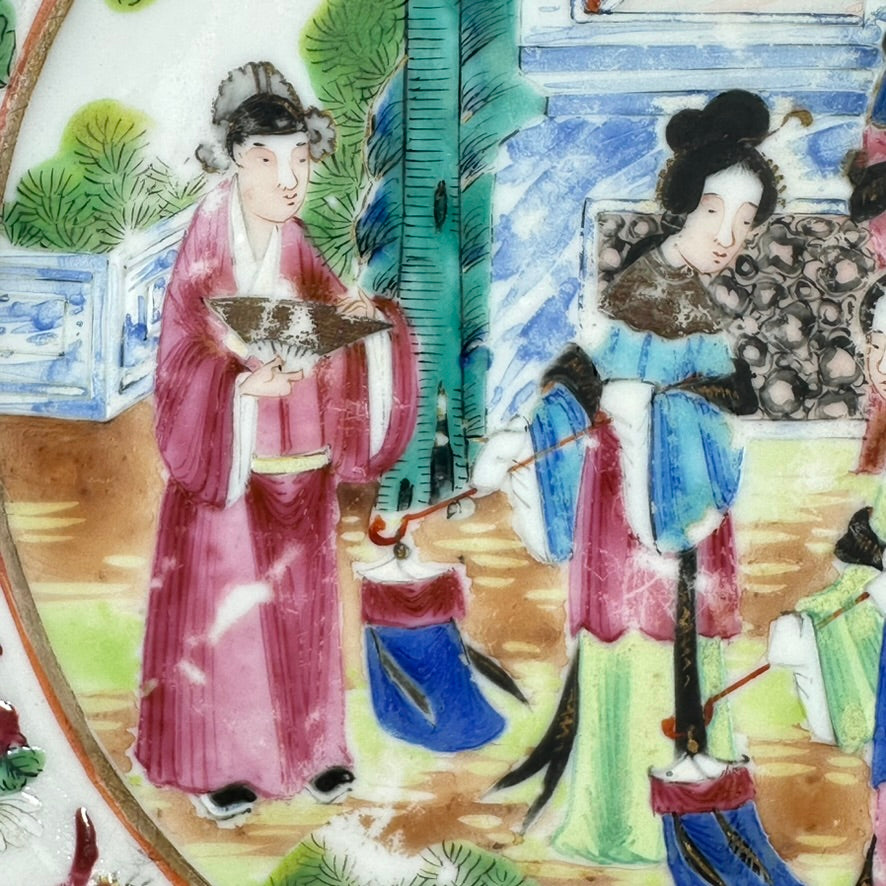 Antique Chinese Qing Famille Rose Canton Porcelain Plate Domestic Scene 8″W