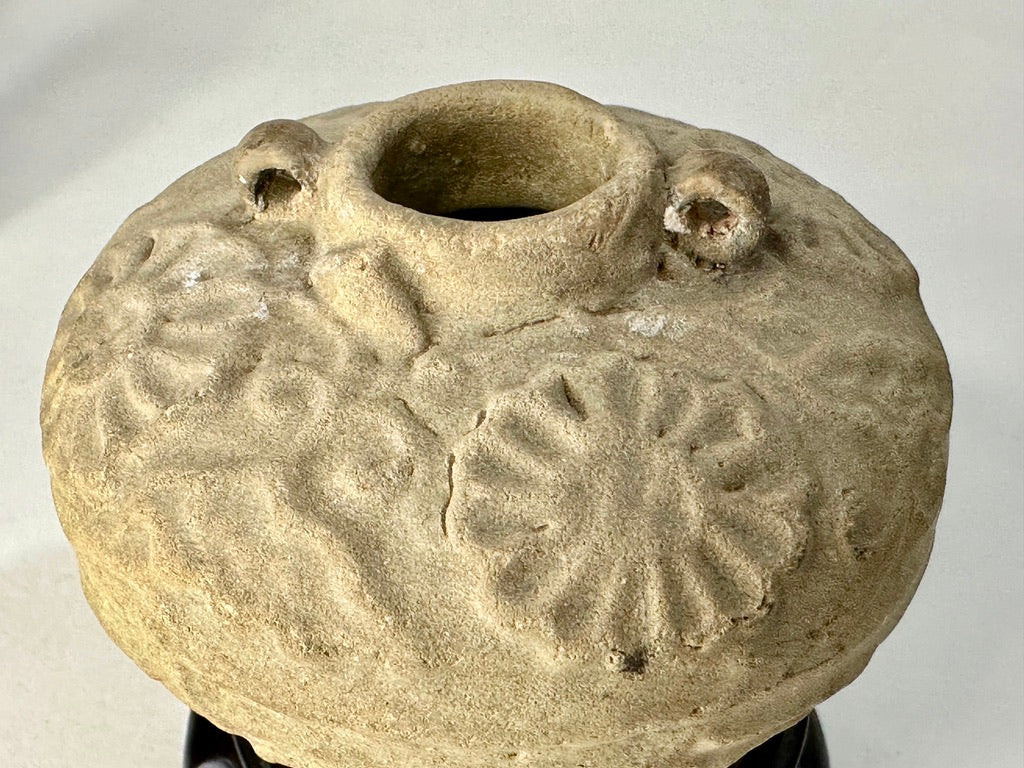 Southeast Asian Unglazed Stoneware Jar Stamped Floral Rosette Decoration Ring Handles Hardwood Stand 3.5"