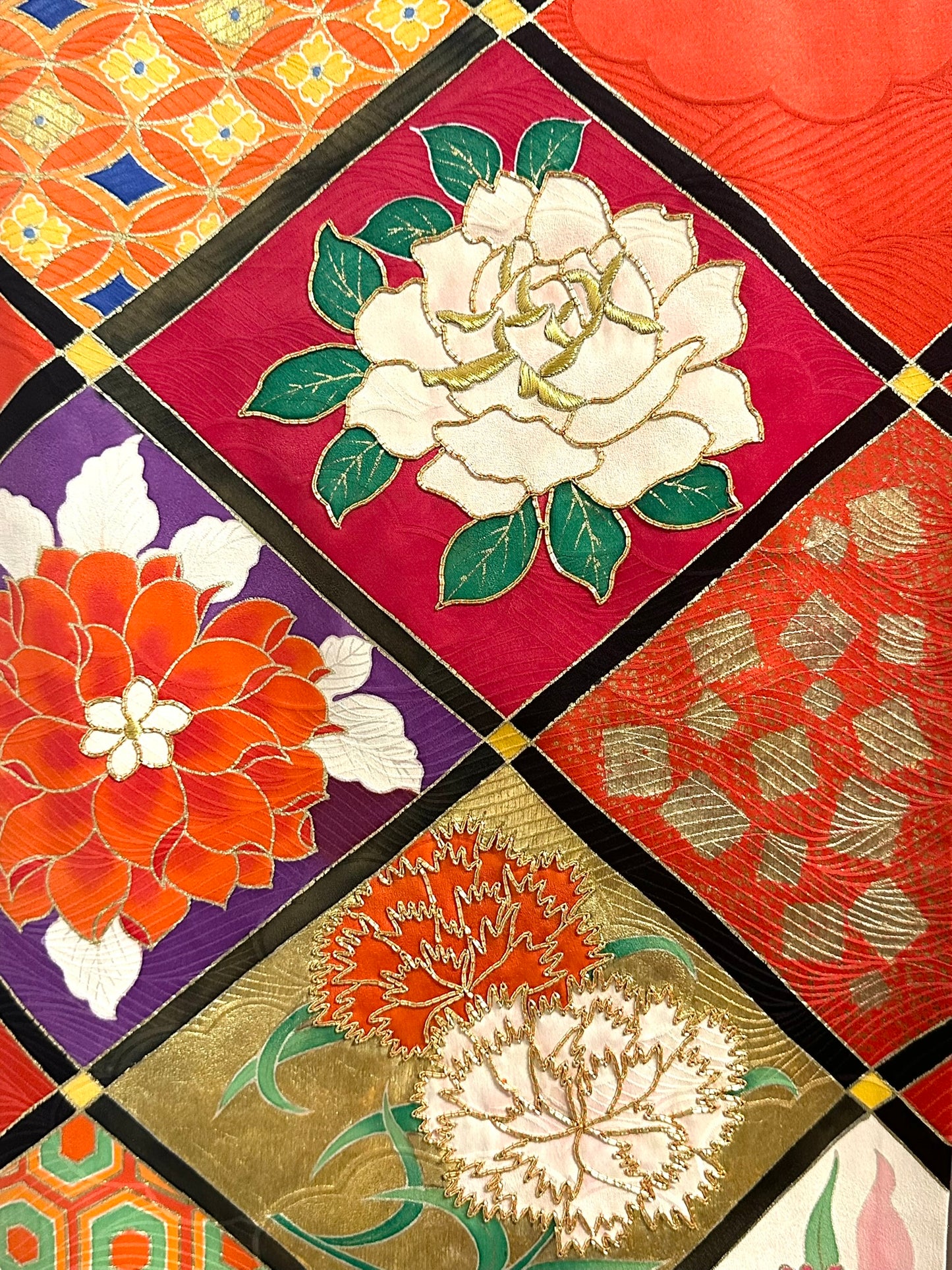 Vintage Japanese Silk Rinzu Kimono Hishi Diamond Floral Panels Showa Furisode