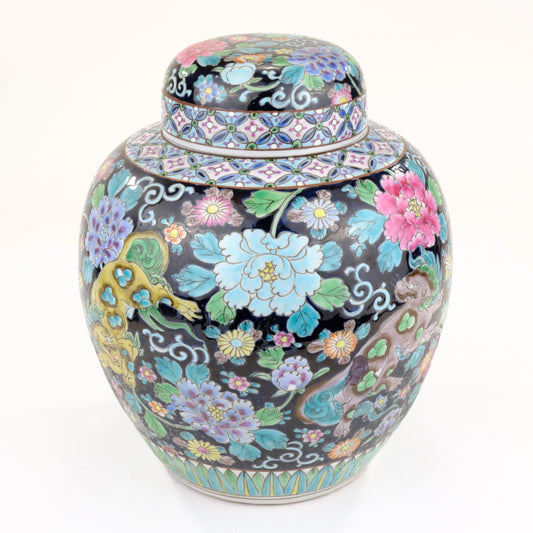 Chinese Famille Noire Porcelain Ginger Jar Shishi Peony Floral Black Ground ~10"H