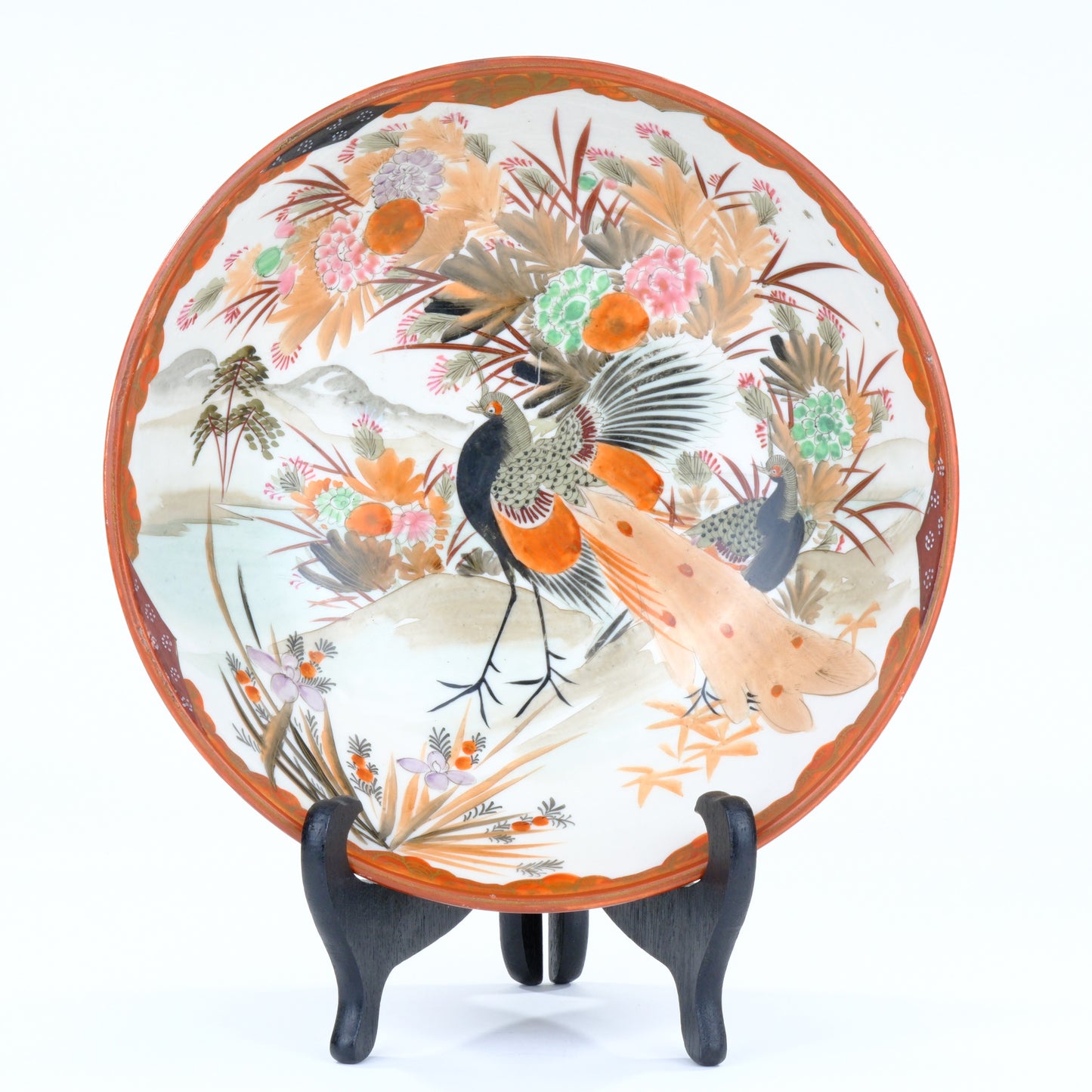 Antique Japanese Kutani Aka-e Bowl Kiji Pheasant Peony Landscape Meiji Taisho