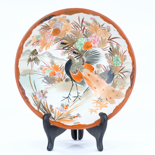 Antique Japanese Kutani Aka-e Bowl Kiji Pheasant Peony Landscape Meiji Taisho