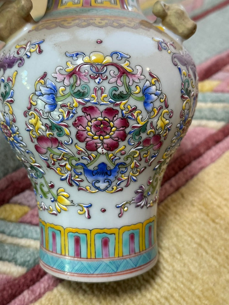 Antique Chinese Qing Dynasty Famille Rose Porcelain Vase Lotus Scroll Beast Handles 10"H 26C*GL