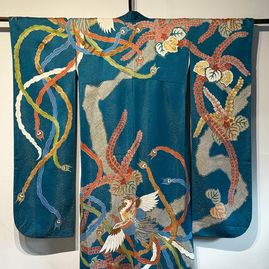 Japanese Silk Kimono Furisode Chirimen Hand Painted Phoenix Motif Teal