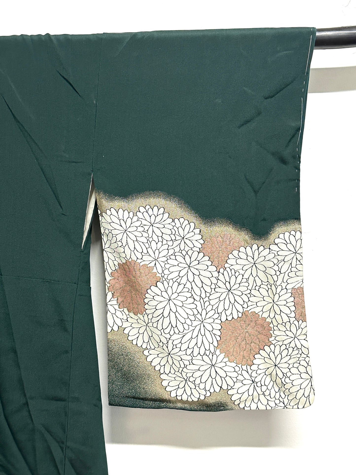 Vintage Japanese Silk Kimono Kiku Hanazume Suso on Deep Green Gold Bokashi Showa