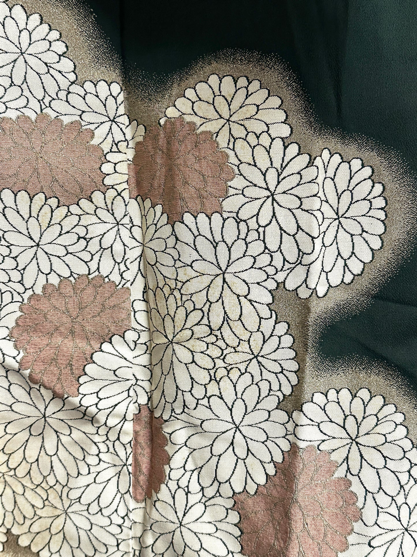 Vintage Japanese Silk Kimono Kiku Hanazume Suso on Deep Green Gold Bokashi Showa
