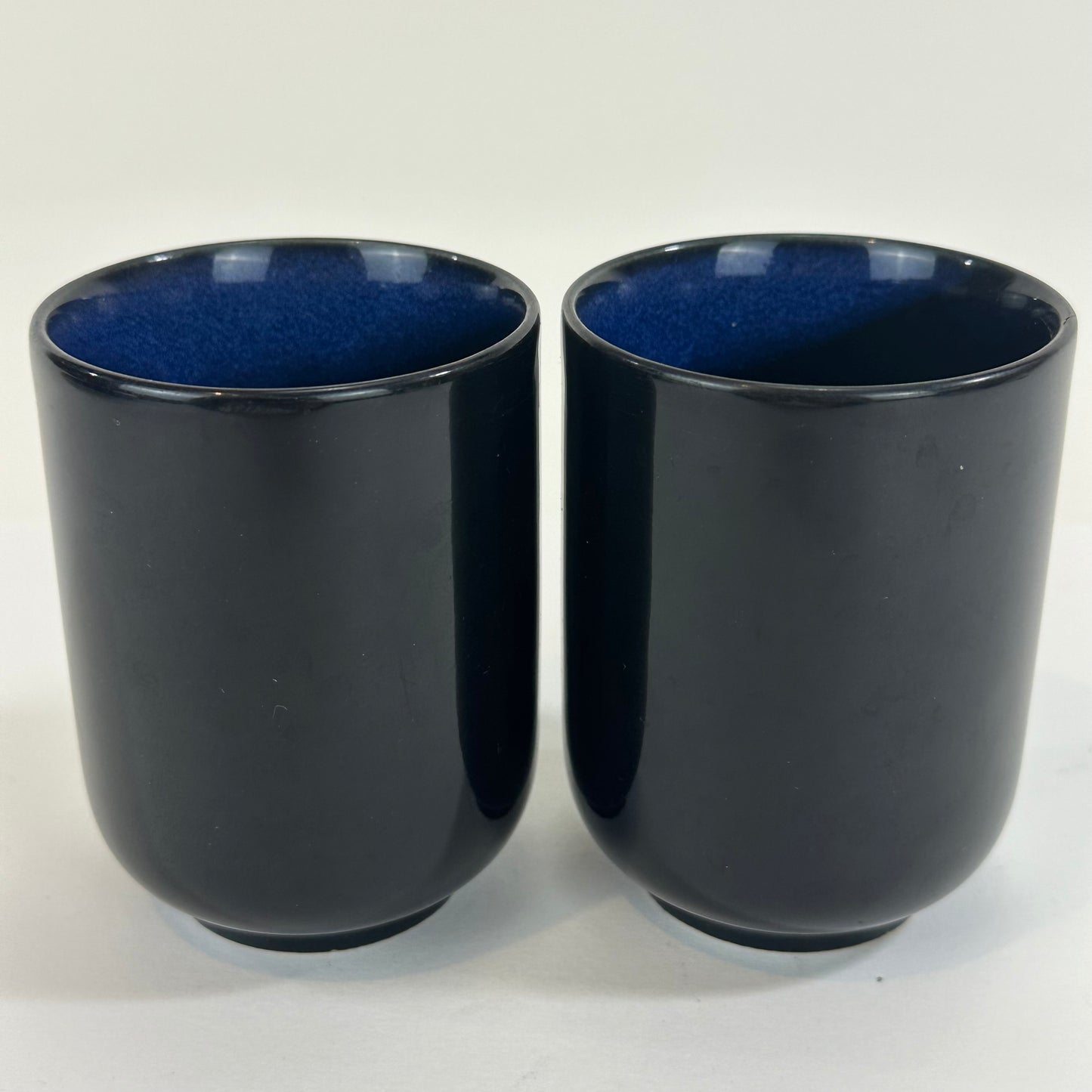 Japanese Ceramic Cobalt Blue Glazed Tea Cups Calligraphy 4"