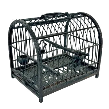 Chinese Vintage Blackened Bamboo Birdcage Barrel Vault Dome Perch Feeder Fret Border 8 Inches