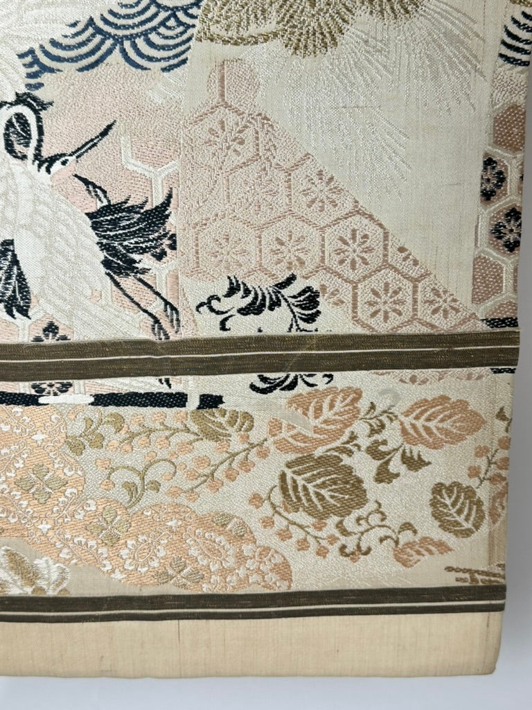 Antique Japanese Silk Tsuzure Fukuro Obi Crane Chrysanthemum Wave 13'L