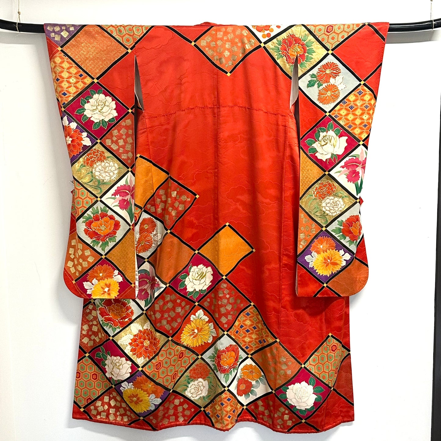 Vintage Japanese Silk Rinzu Kimono Hishi Diamond Floral Panels Showa Furisode