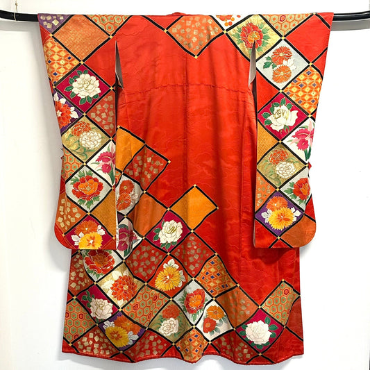 Vintage Japanese Silk Rinzu Kimono Hishi Diamond Floral Panels Showa Furisode