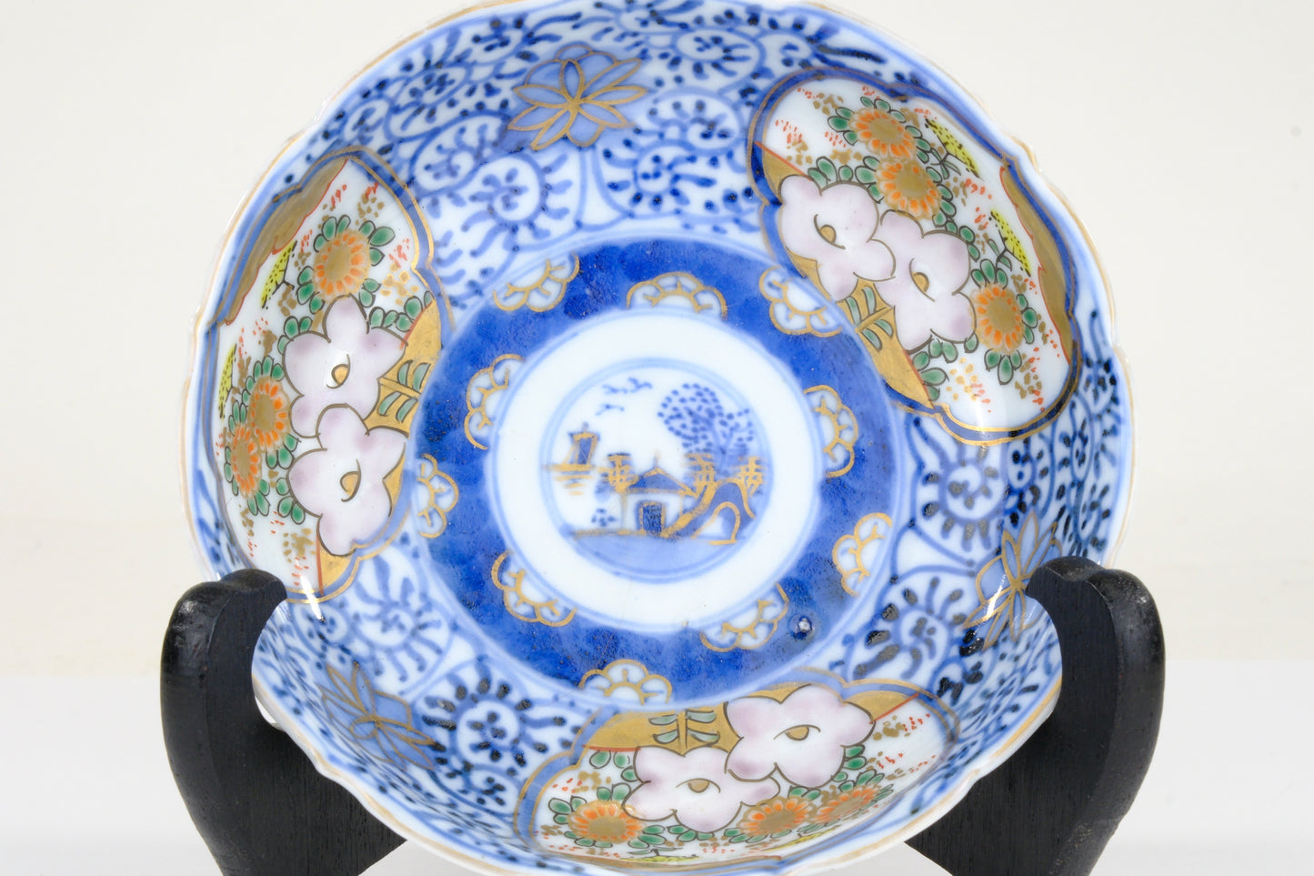 Japanese Imari Kinrande Bowl Willow Landscape Plum Blossom Gold Meiji 6 Inch