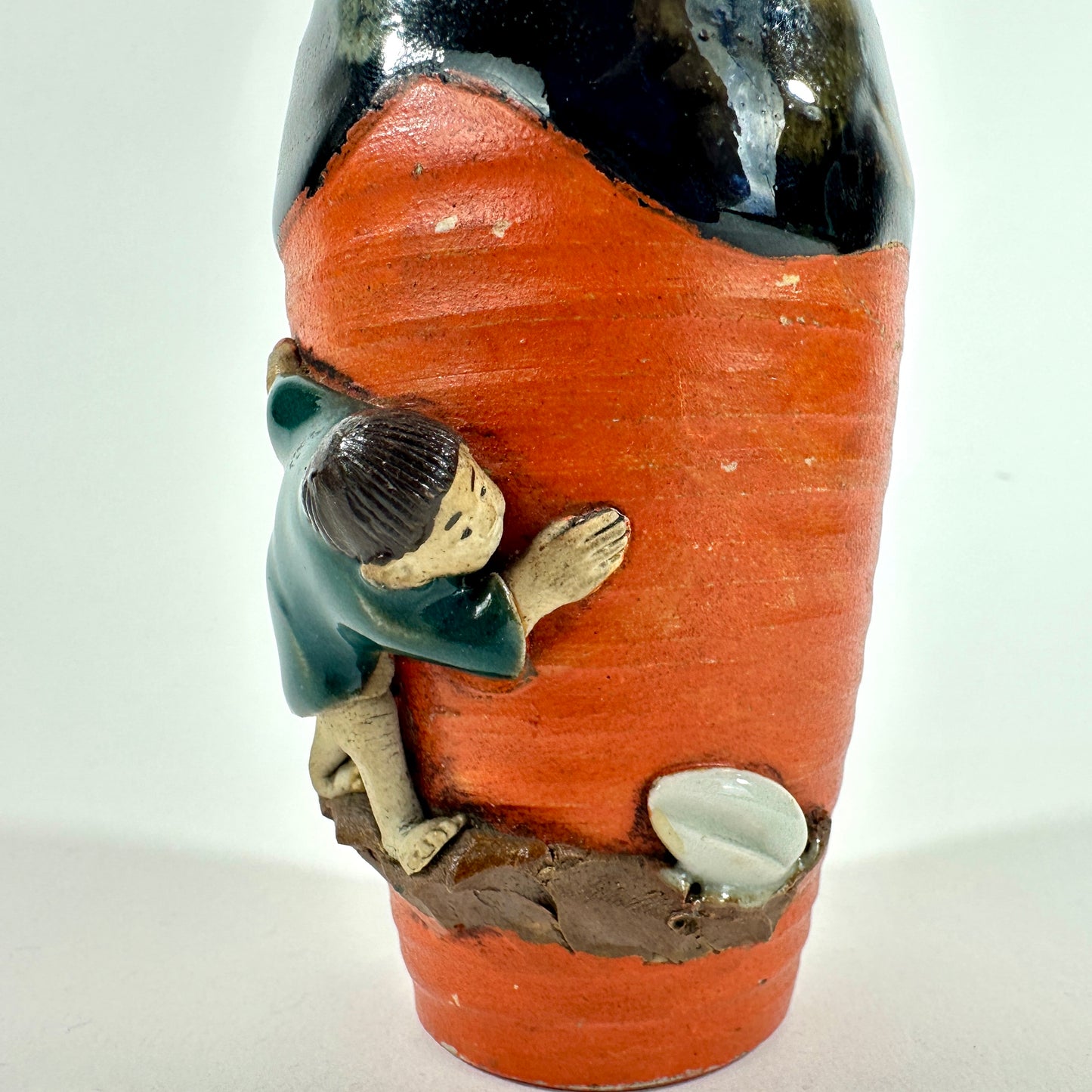 Antique Japanese Sumida Gawa Pottery Vase Figure Boy Red Orange Black Flambe Glaze Meiji 4.5"H