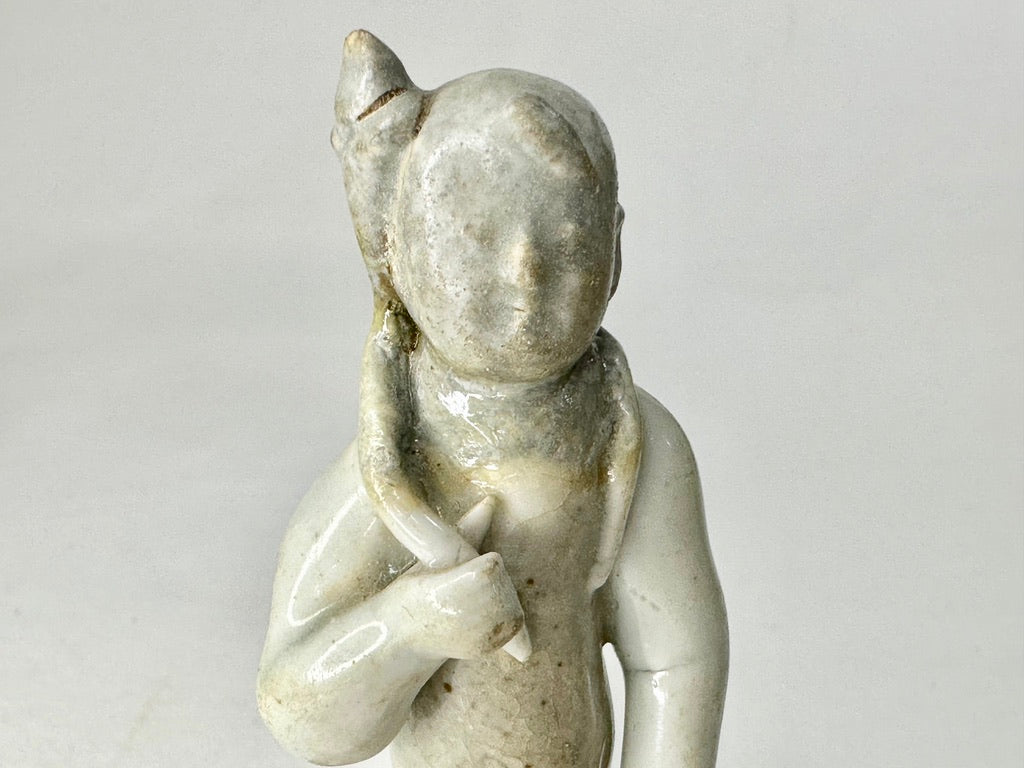 Chinese Pale Glazed Earthenware Buddhist Deity Figure Lotus Hardwood Stand 3.5"