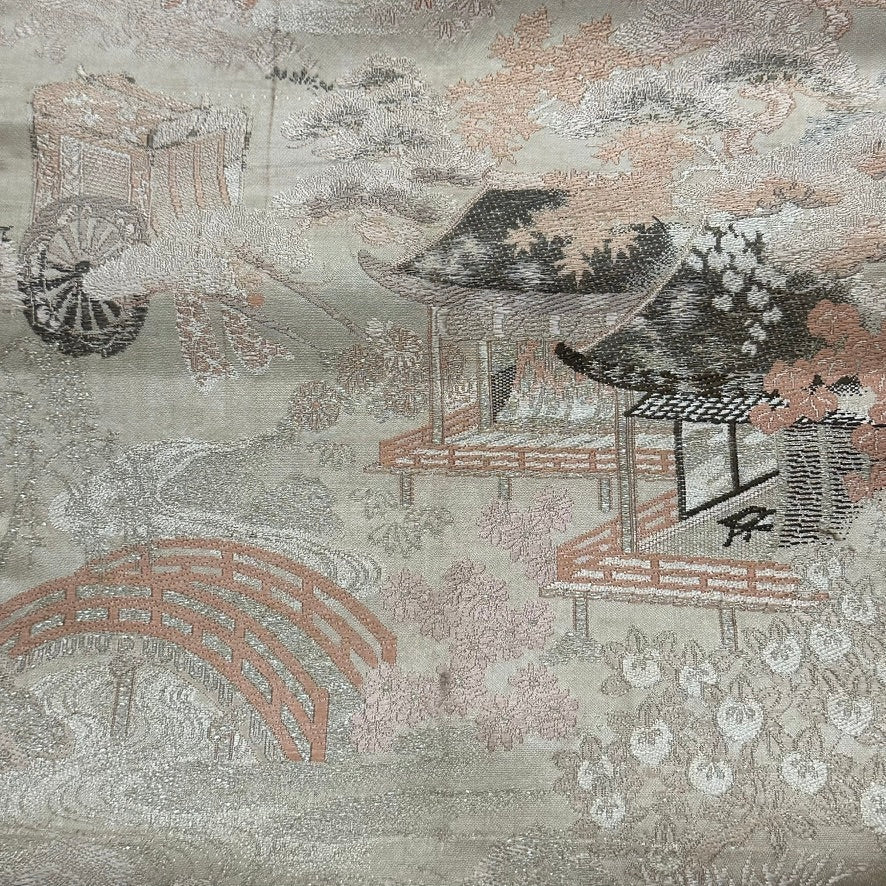 Antique Japanese Silk Obi Sash Garden Pavilion and Bridge Scene 13′L