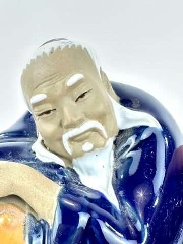 Vintage Chinese Ceramic Li Bai Drunk Poet Reclining Figure Brush Rest Cobalt Blue Glaze 7"