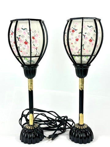 Japanese Showa Era Sakura Lantern Table Lamp Pair Black Lacquer Brass 15"H