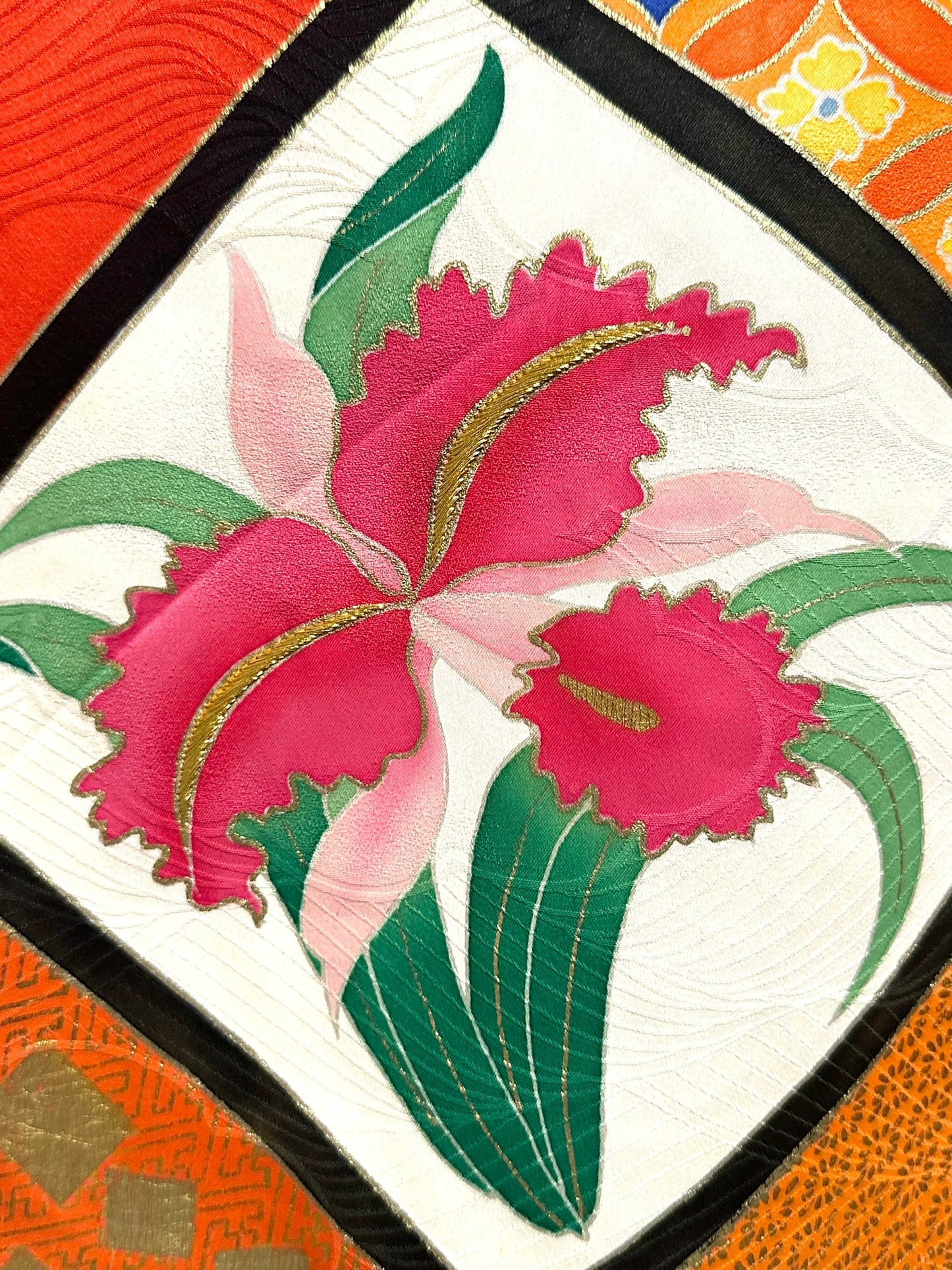 Vintage Japanese Silk Rinzu Kimono Hishi Diamond Floral Panels Showa Furisode