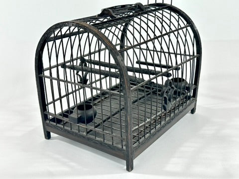 Chinese Vintage Blackened Bamboo Birdcage Barrel Vault Dome Perch Feeder Fret Border 8 Inches