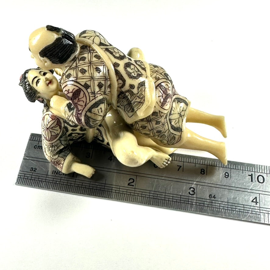 Vintage Japanese Shunga Erotic Figurine Couple Faux-Ivery Resin Hand Painted Showa a