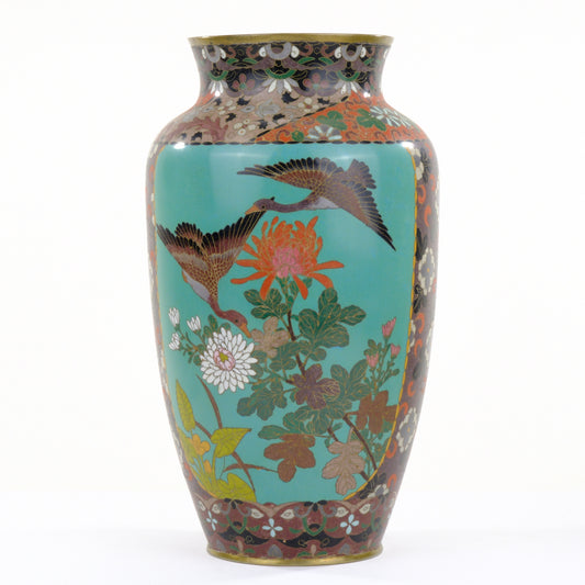 Antique Japanese Meiji Era (c1880) Cloisonné Vase Geese in Flight & Flowers 12”