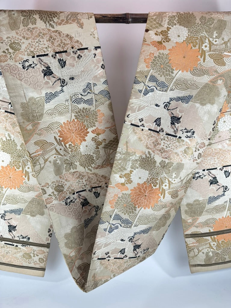 Antique Japanese Silk Tsuzure Fukuro Obi Crane Chrysanthemum Wave 13'L