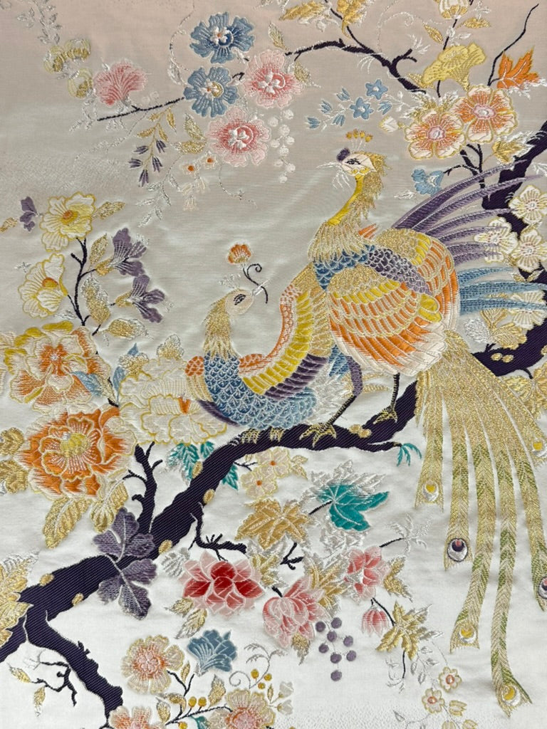 Vintage Japanese Silk Fukuro Obi Embroidered Phoenix Peony Blossom 13'L