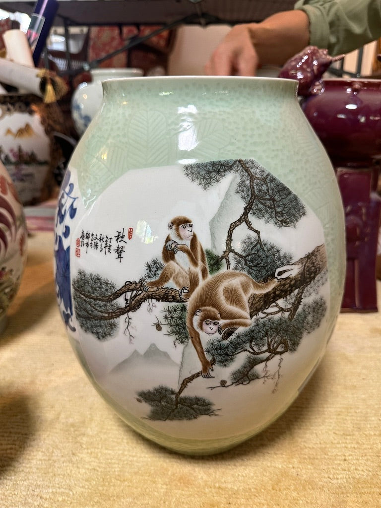 Chinese Jingdezhen Celadon Porcelain Vase Monkeys Persimmon Hu Wenfeng 2007 18"H 26C*GL