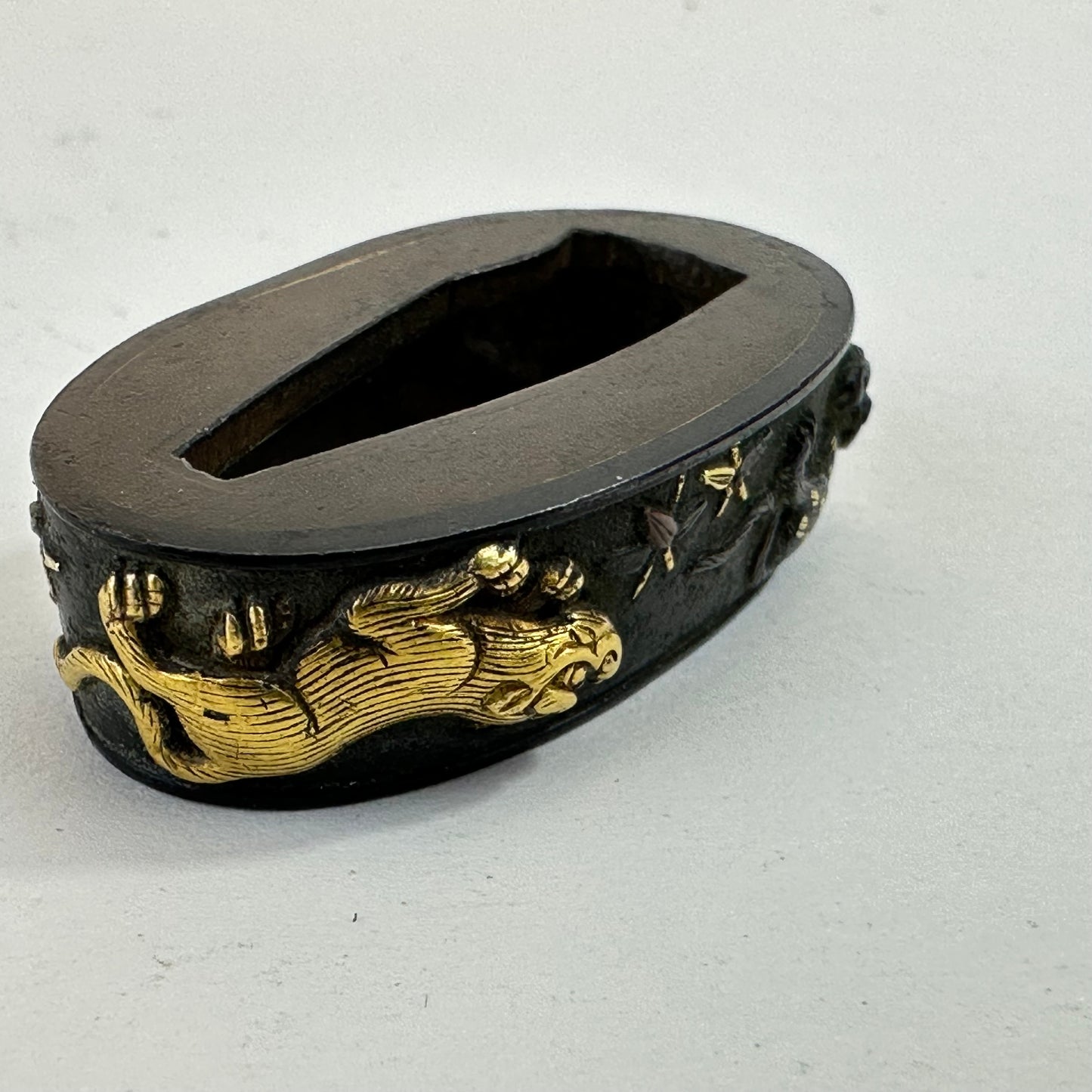 Antique Japanese Edo-Period Sword Katana Fuchi & Kashira Samurai in Gold on Shakudō,
