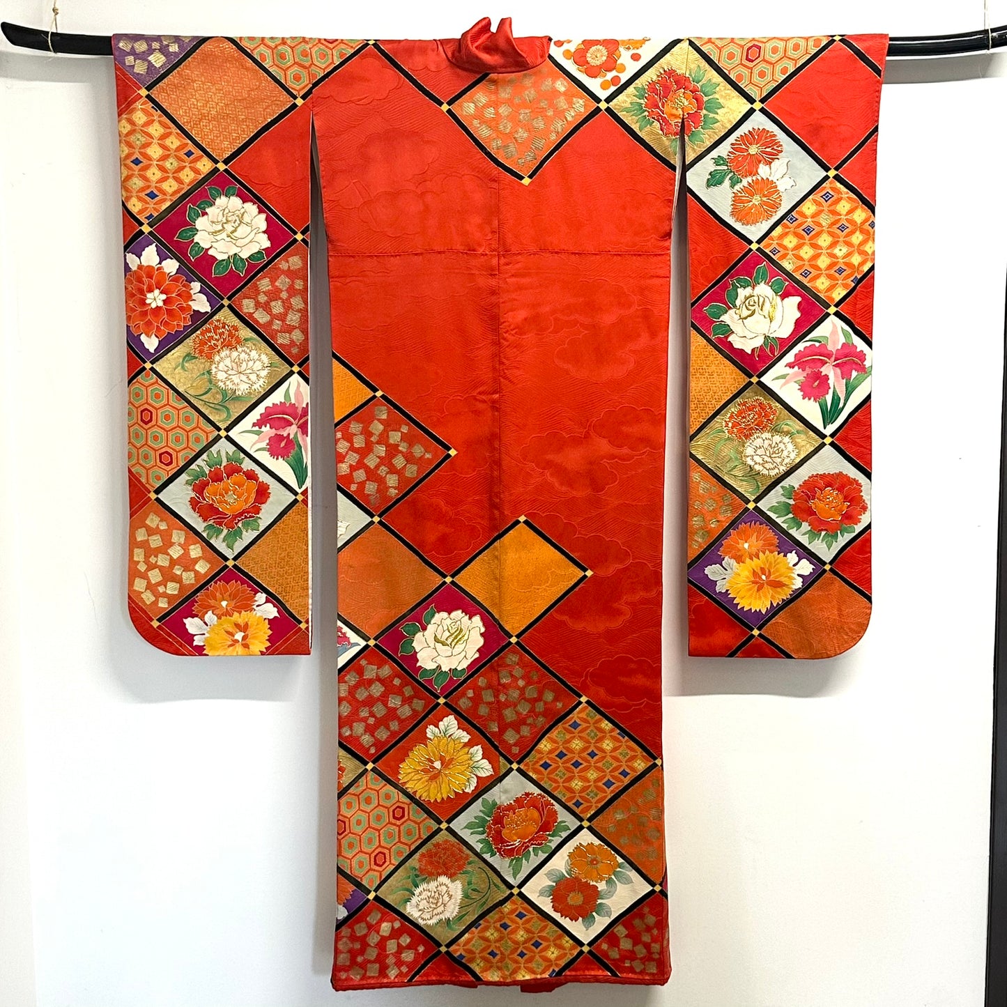 Vintage Japanese Silk Rinzu Kimono Hishi Diamond Floral Panels Showa Furisode