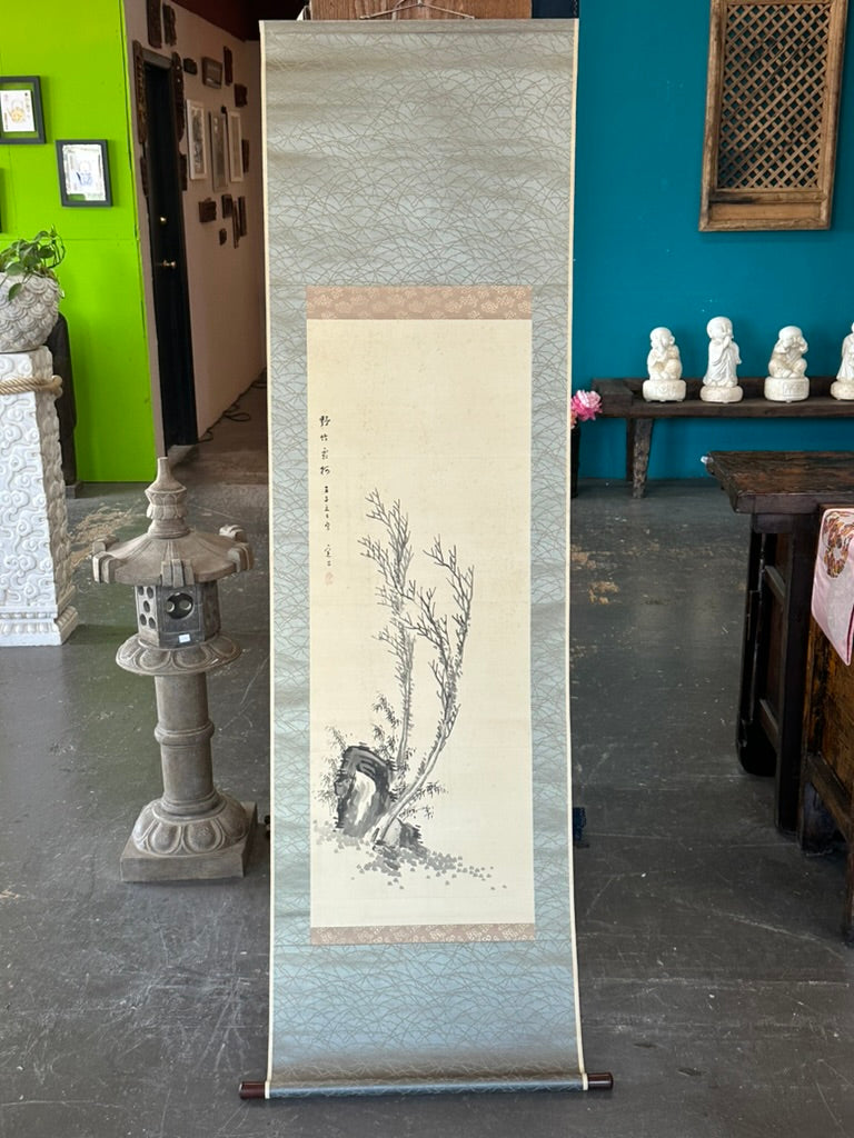 Antique Japanese c1912 Kakejiku Hanging Scroll Wild Bamboo Frost Branch Sumi Ink Signed 76"L