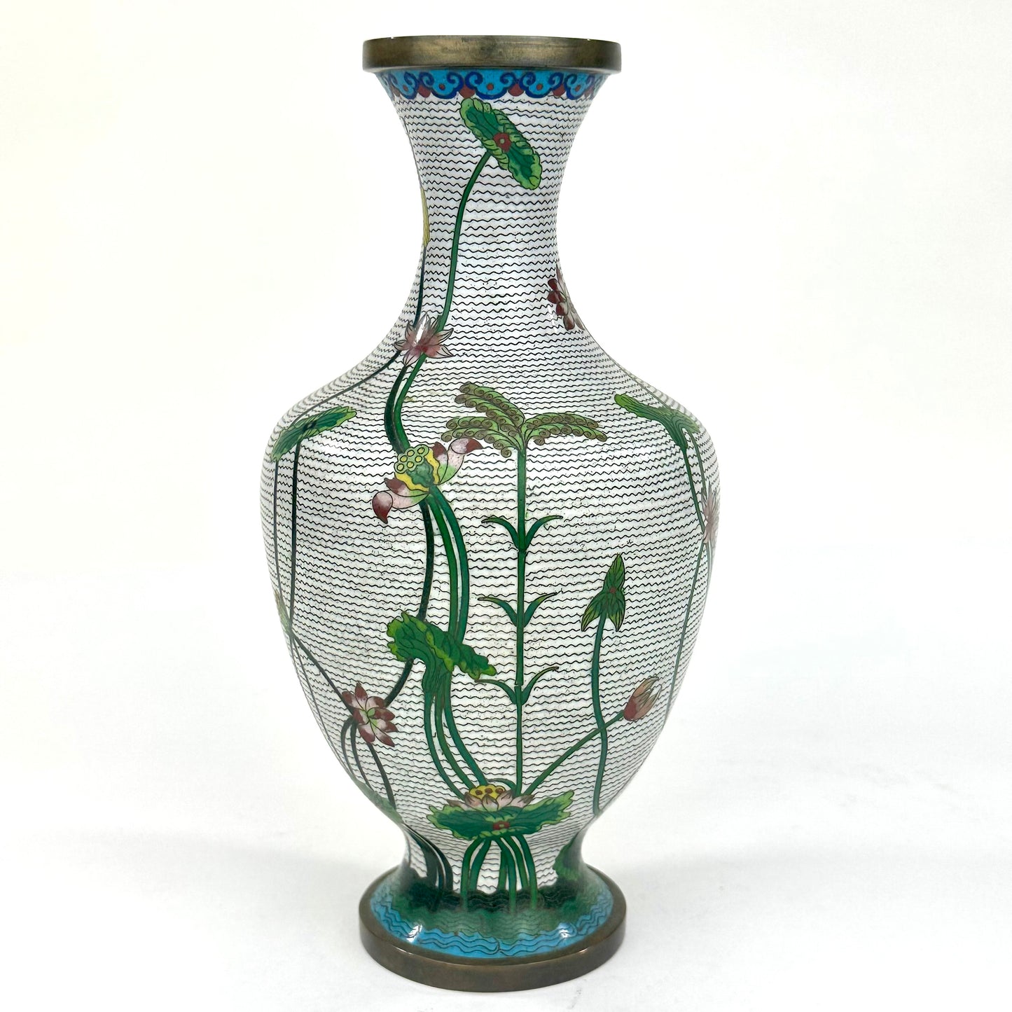 Antique Chinese Late Qing Dynasty (c1910) Cloisonné Vase Lotus Flower 6”